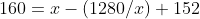 160=x-(1280/x)+152