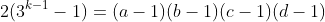 2(3^{k-1}-1)=(a-1)(b-1)(c-1)(d-1)