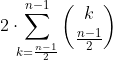\text{For best-of-}n\text{ where }n\text{ is odd: }\;\;2\cdot\!\!\sum_{k=\frac{n-1}{2}}^{n-1}{k\choose\frac{n-1}{2}}