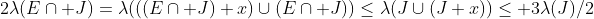 2\lambda(E\cap J)=\lambda(((E\cap J)+x)\cup(E\cap J))\leq\lambda(J\cup(J+x))\leq 3\lambda(J)/2