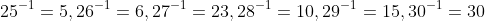 25^{-1}=5,26^{-1}=6,27^{-1}=23,28^{-1}=10,29^{-1}=15,30^{-1}=30