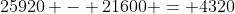 25920 - 21600 = 4320