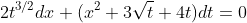 2t^{3/2}dx+(x^2+3\sqrt{t}+4t)dt=0