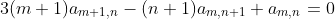 3(m+1)a_{m+1,n}-(n+1)a_{m,n+1}+a_{m,n}=0