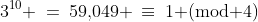 3^{10} \:=\:59,\!049 \:\equiv\:1\text{ (mod 4)}