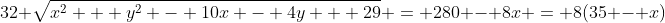 32 \sqrt{x^2 + y^2 - 10x - 4y + 29} = 280 - 8x = 8(35 - x)