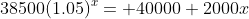 38500(1.05)^x= 40000+2000x
