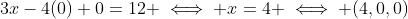 3x-4(0)+0=12 \iff x=4 \iff (4,0,0)