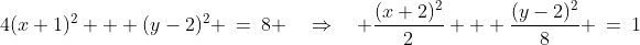 4(x+1)^2 + (y-2)^2 \:=\:8 \quad\Rightarrow\quad \frac{(x+2)^2}{2} + \frac{(y-2)^2}{8} \:=\:1