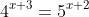 4^{x+3}=5^{x+2}