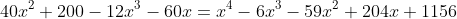 40x^2+200-12x^3-60x=x^4-6x^3-59x^2+204x+1156