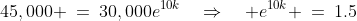 45,000 \:=\:30,000e^{10k}\quad\Rightarrow\quad e^{10k} \:=\:1.5
