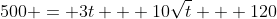 500 = 3t + 10\sqrt{t} + 120