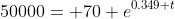 50000= 70 e^{0.349 t}~\implies~e^{0.349 t} = \frac{50000}{70}