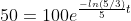 50=100e^{\frac{-ln(5/3)}{5}t}