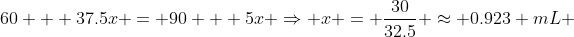 60 + 37.5x = 90 + 5x \Rightarrow x = \frac{30}{32.5} \approx 0.923 mL 