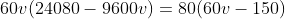 60v(24080-9600v)=80(60v-150)