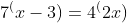 7^(x-3)=4^(2x)