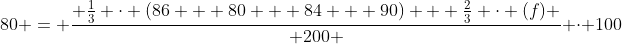80 = \frac{ \frac{1}{3} \cdot (86 + 80 + 84 + 90) + \frac{2}{3} \cdot (f) }{ 200 } \cdot 100