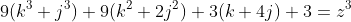9(k^3+j^3)+9(k^2+2j^2)+3(k+4j)+3=z^3