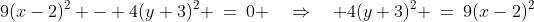 9(x-2)^2 - 4(y+3)^2 \:=\:0 \quad\Rightarrow\quad 4(y+3)^2 \:=\:9(x-2)^2
