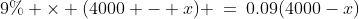 9\% \times (4000 - x) \:=\:0.09(4000-x)