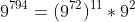 9^{794}=(9^{72})^{11}*9^2