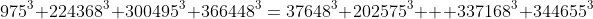 975^3+224368^3+300495^3+366448^3=37648^3+202575^3+  337168^3+344655^3
