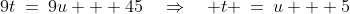 9t\:=\:9u + 45\quad\Rightarrow\quad t \:=\:u + 5