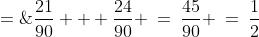 P(\text{1st not-Orange} \wedge \text{2nd not-White}) \;=\;\frac{21}{90} + \frac{24}{90} \:=\:\frac{45}{90} \:=\:\frac{1}{2}