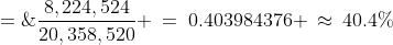 P(\text{exactly 1 match}) \;=\;\frac{8,224,524}{20,358,520} \:=\:0.403984376 \:\approx\:40.4\%