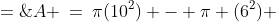 A \:=\:\pi(10^2) - \pi (6^2) \;=\;64\pi \;\approx\;201.1