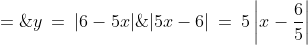 y\:=\:|6-5x|\;=\;|5x-6|\:=\:5\left|x-\frac{6}{5}\right|