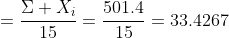 =\frac{\Sigma X_{i}}{15}=\frac{501.4}{15}=33.4267
