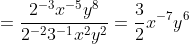=\frac{2^{-3}x^{-5}y^8}{2^{-2}3^{-1}x^2y^2}=\frac{3}{2}x^{-7}y^6