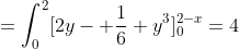 =\int^2_0[2y- \frac{1}{6} y^3]^{2-x}_0=4