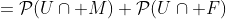 \begin{align*}\mathcal{P}(U) &=\mathcal{P}(U\cap M)+\mathcal{P}(U\cap F)\\&=\mathcal{P}(U|M)\mathcal{P}(M)+\mathcal{P}(U  |F)\mathcal{P}(F)\end{align*}