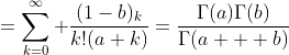 =\sum_{k=0}^{\infty} \frac{(1-b)_k}{k!(a+k)}=\frac{\Gamma(a)\Gamma(b)}{\Gamma(a+  b)}
