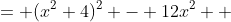 \begin{aligned}x^4-4x^2+16 &= (x^2+4)^2 - 12x^2 \\ &= (x^2+4+\sqrt{12}x)(x^2+4-\sqrt{12}x) \\ &= (x^2+2\sqrt3x+4)(x^2-2\sqrt3x+4).\end{aligned}