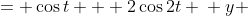 \displaystyle \begin{align*} x &= \cos{t} + 2\cos{2t} \\ y &= \sin{t} + 2\sin{2t} \\ \\ x &= \cos{t} + 2\left( 2\cos^2{t} - 1 \right) \\ y &= \sin{t} + 4\sin{t}\cos{t} \\ \\ x &= 4\cos^2{t} + \cos{t} - 2 \\ y &= \sin{t} \left( 1 + 4\cos{t} \right) \\ \\ \frac{x}{4} &= \cos^2{t} + \frac{1}{4}\cos{t} - \frac{1}{2} \\ y &= \pm \sqrt{ 1 - \cos^2{t} } \left( 1 + 4\cos{t} \right) \\ \\ \frac{x}{4} &= \cos^2{t} + \frac{1}{4}\cos{t} + \left(\frac{1}{8}\right)^2 - \left(\frac{1}{8}\right)^2 - \frac{1}{2} \\ y &= \pm \sqrt{ 1 - \cos^2{t} } \left( 1 + 4\cos{t} \right) \\ \\ \frac{x}{4} &= \left( \cos{t} + \frac{1}{8} \right)^2 - \frac{1}{64} - \frac{32}{64} \\ y &= \pm \sqrt{ 1 - \cos^2{t} }\left( 1 + 4\cos{t} \right) \\ \\ \frac{16x}{64} &= \left( \cos{t} + \frac{1}{8} \right)^2 - \frac{33}{64} \\ y &= \pm \sqrt{ 1 - \cos^2{t} } \left( 1 + 4\cos{t} \right) \end{align*} 