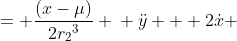 \ddot{x} - 2\dot{y} &= \frac{(x-\mu)}{2{r_2}^3} \\ \ddot{y} + 2\dot{x} &= \frac{y}{2{r_2}^3}