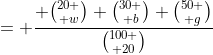 = \frac{ {20 \choose w} {30 \choose b} {50 \choose g}}{{100 \choose 20}}