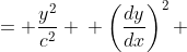 \displaystyle \begin{align*} 1 + \left(\frac{dy}{dx}\right)^2 &= \frac{y^2}{c^2} \\ \left(\frac{dy}{dx}\right)^2 &= \frac{y^2}{c^2} - 1 \\ \left(\frac{dy}{dx}\right)^2 &= \frac{y^2 - c^2}{c^2} \\ \frac{dy}{dx} &= \frac{\pm\sqrt{y^2 - c^2}}{|c|} \\ \pm \frac{1}{\sqrt{y^2 - c^2}}\,\frac{dy}{dx} &= \frac{1}{|c|} \end{align*} 