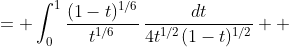 \begin{aligned}\displaystyle\int_0^{\pi/4}\frac{(\cos(2\theta))^{1/3}}{(\sin(2\theta))^{1/3}}d\theta &= \int_0^1\frac{(1-t)^{1/6}}{t^{1/6}}\,\frac{dt}{4t^{1/2}(1-t)^{1/2}} \\ &= \frac14\int_0^1t^{-2/3}(1-t)^{-1/3}\,dt \\ &=\tfrac14 B\bigl(\tfrac13,\tfrac23\bigr).\end{aligned}