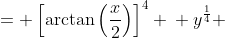 \displaystyle \begin{align*} y &= \left[\arctan{\left(\frac{x}{2}\right)}\right]^4 \\ y^{\frac{1}{4}} &= \arctan{\left(\frac{x}{2}\right)} \\ \tan{\left(y^{\frac{1}{4}}\right)} &= \frac{x}{2} \\ \frac{d}{dx}\left[\tan{\left(y^{\frac{1}{4}}\right)}\right] &= \frac{d}{dx}\left(\frac{x}{2}\right) \\ \frac{d}{dy}\left[\tan{\left(y^{\frac{1}{4}}\right)}\right]\,\frac{dy}{dx} &= \frac{1}{2} \\ \frac{1}{4}y^{-\frac{3}{4}}\sec^2{\left(y^{\frac{1}{4}}\right)}\,  \frac{dy}{dx} &= \frac{1}{2} \\ \frac{dy}{dx} &= 2y^{\frac{3}{4}}\cos^2{\left(y^{\frac{1}{4}}\right  )}\end{align*}