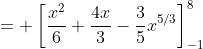 = \left[\frac{x^2}{6}+\frac{4x}{3}-\frac{3}{5}x^{5/3}\right]_{-1}^8