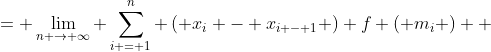 \displaystyle \begin{align*} A &= \lim_{n \to \infty} \sum_{i = 1}^n \left( x_i - x_{i - 1} \right) f \left( m_i \right) \\ &= \lim_{n \to \infty} \sum_{i =1}^n \left[ F \left( x_i \right) - F \left( x_{i - 1} \right) \right] \\ &= \lim_{n \to \infty} \left\{  \left[ F \left( x_1 \right) - F \left( x_ 0 \right) \right] + \left[ F \left( x_2 \right) - F \left( x_1 \right) \right] + \left[ F \left( x_3 \right) - F \left( x_2 \right) \right] + \dots + \left[ F \left( x_n \right) - F \left( x_{n - 1} \right) \right]   \right\} \\ &= \lim_{n \to \infty} \left[ F \left( x_n \right) - F \left( x_0 \right) \right] \\ &= \lim_{n \to \infty} \left[ F \left( b \right) - F \left( a \right) \right] \\ &= F \left( b \right) - F \left( a \right) \end{align*}