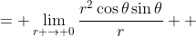 \displaystyle \begin{align*} \lim_{(x, y) \to (0, 0)}\frac{x\,y}{\sqrt{x^2 + y^2}} &= \lim_{r \to 0}\frac{r^2\cos{\theta}\sin{\theta}}{r} \\ &= \lim_{r \to 0}r\cos{\theta}\sin{\theta} \\ &= 0 \end{align*}