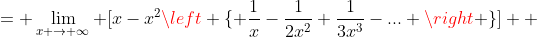 \begin{align*} \lim_{x \to \infty} [x-x^2\ln{(1+\frac{1}{x}})] &= \lim_{x \to \infty} [x-x^2\left \{ \frac{1}{x}-\frac{1}{2x^2}+\frac{1}{3x^3}-... \right \}] \\ &=\lim_{x \to \infty}[x-x+\frac{1}{2}-\frac{1}{3x}+...] \\ &=\frac{1}{2} \end{align*}