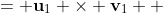 \displaystyle \begin{align*} \mathbf{n}_1 &= \mathbf{u}_1 \times \mathbf{v}_1 \\ &= \left| \begin{matrix} \mathbf{i} & \mathbf{j} & \mathbf{k} \\ 1 & 2 & 0 \\ 0 & 0 & 1   \end{matrix} \right| \\ &= 0 \left| \begin{matrix} \mathbf{j} & \mathbf{k} \\ 2 & 0 \end{matrix} \right| - 0 \left| \begin{matrix} \mathbf{i} & \mathbf{k} \\ 1 & 0 \end{matrix} \right| + 1 \left| \begin{matrix} \mathbf{i} & \mathbf{j} \\ 1 & 2 \end{matrix} \right| \\ &= 2\mathbf{i} - \mathbf{j} \\ &= <2, -1, 0> \end{align*}